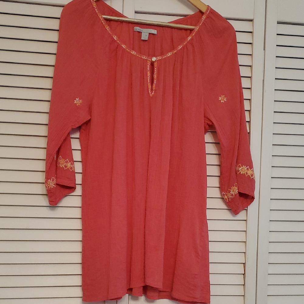Old Navy Coral Orange Gauze Tunic Top Blouse with Embroidery, Size XL